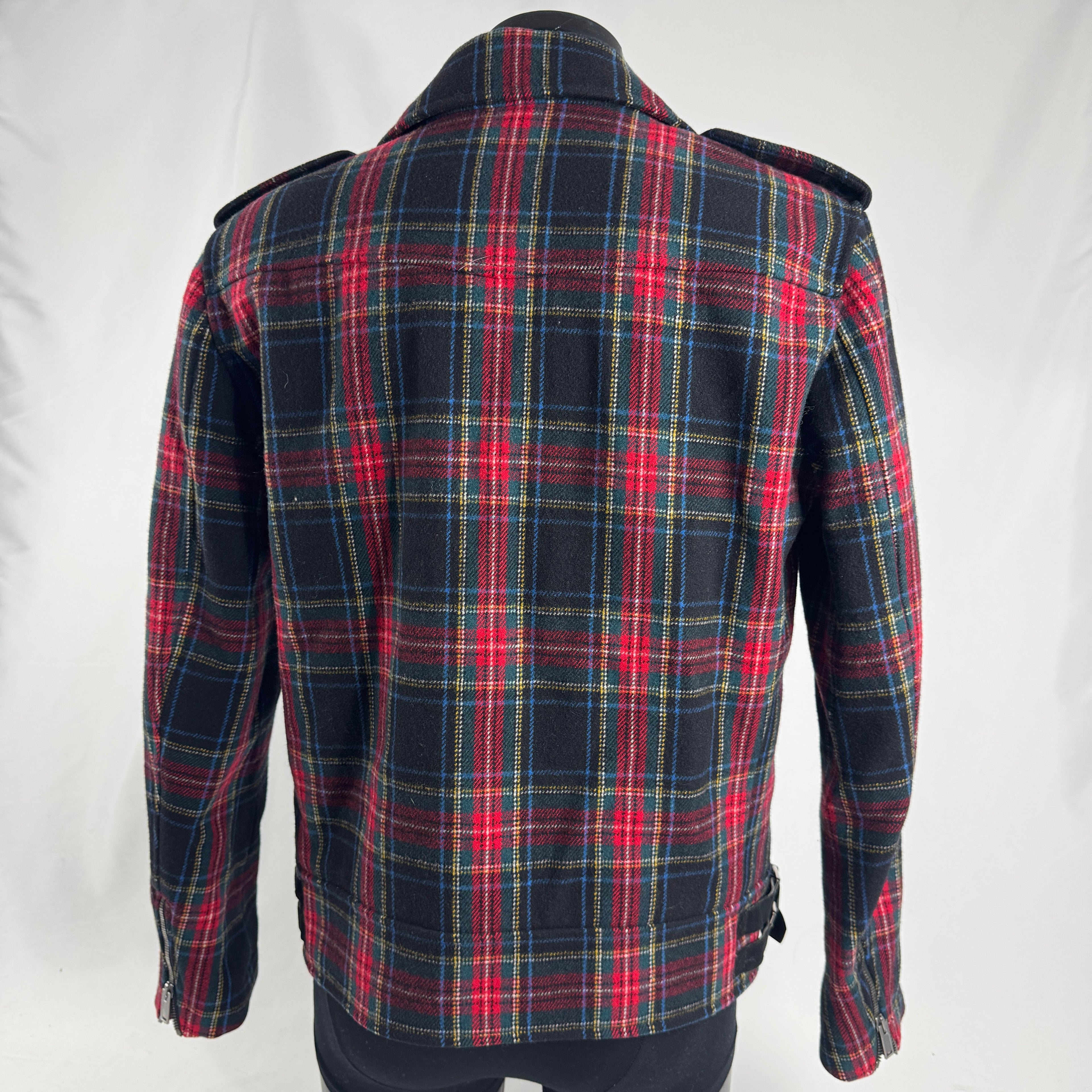 Gucci Tartan Wool Biker Jacket crafted from premium wool with a bold tartan pattern, featuring a classic biker design, zip