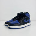 Black and royal blue Nike high-top trainers with white midsoles and blue outsoles, displayed on a plain white background.