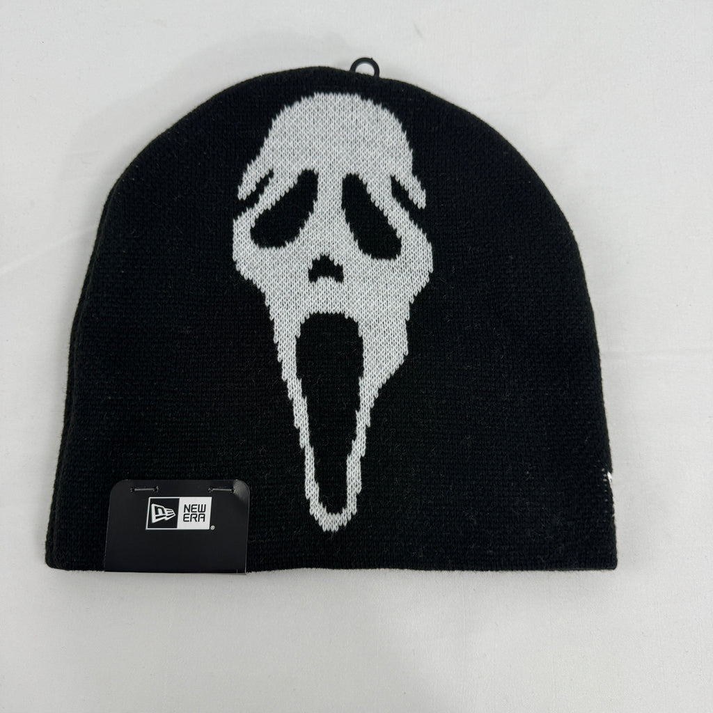 Supreme x New Era black Ghostface beanie featuring a bold front Ghostface graphic and embroidered Supreme logo to the