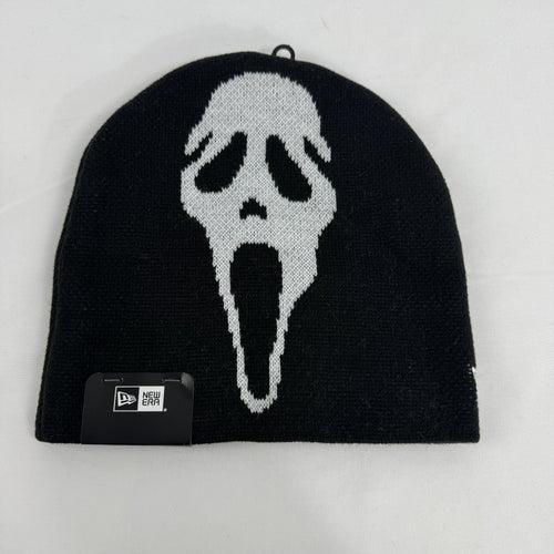 Supreme x New Era black Ghostface beanie featuring a bold front Ghostface graphic and embroidered Supreme logo to the