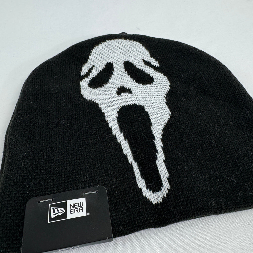 Supreme x New Era black Ghostface beanie featuring a bold front Ghostface graphic and embroidered Supreme logo to the