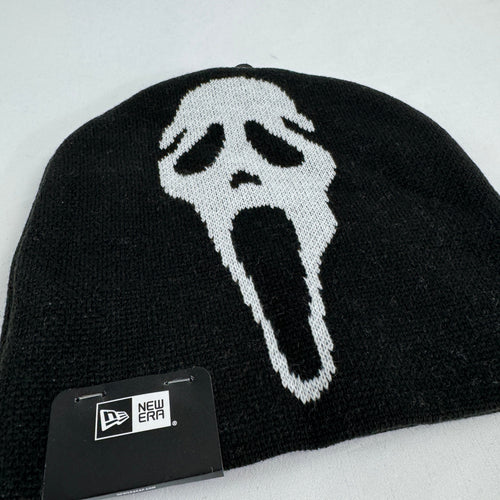 Supreme x New Era black Ghostface beanie featuring a bold front Ghostface graphic and embroidered Supreme logo to the