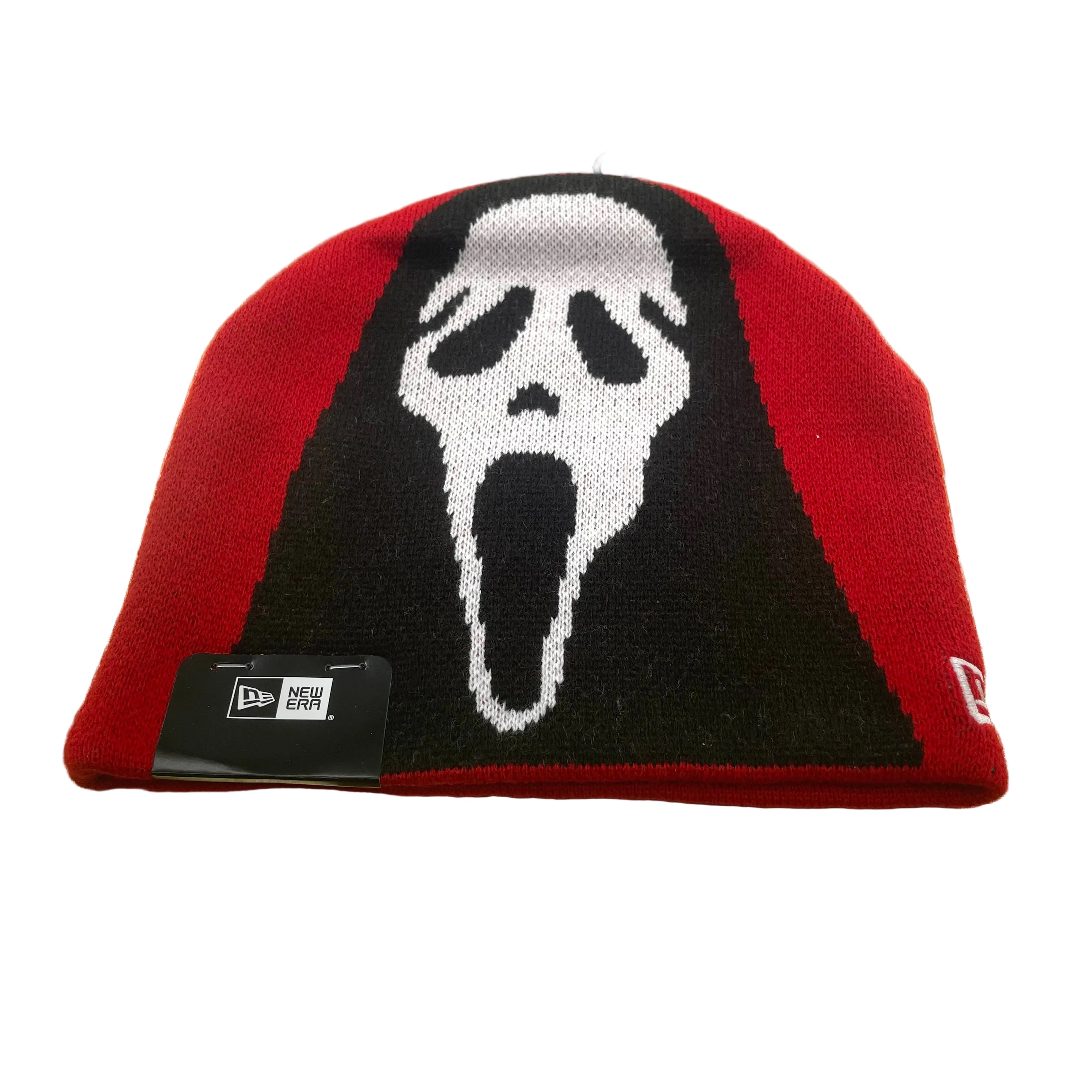 Supreme x New Era red and black Ghostface beanie featuring a bold front Ghostface graphic and embroidered Supreme logo to