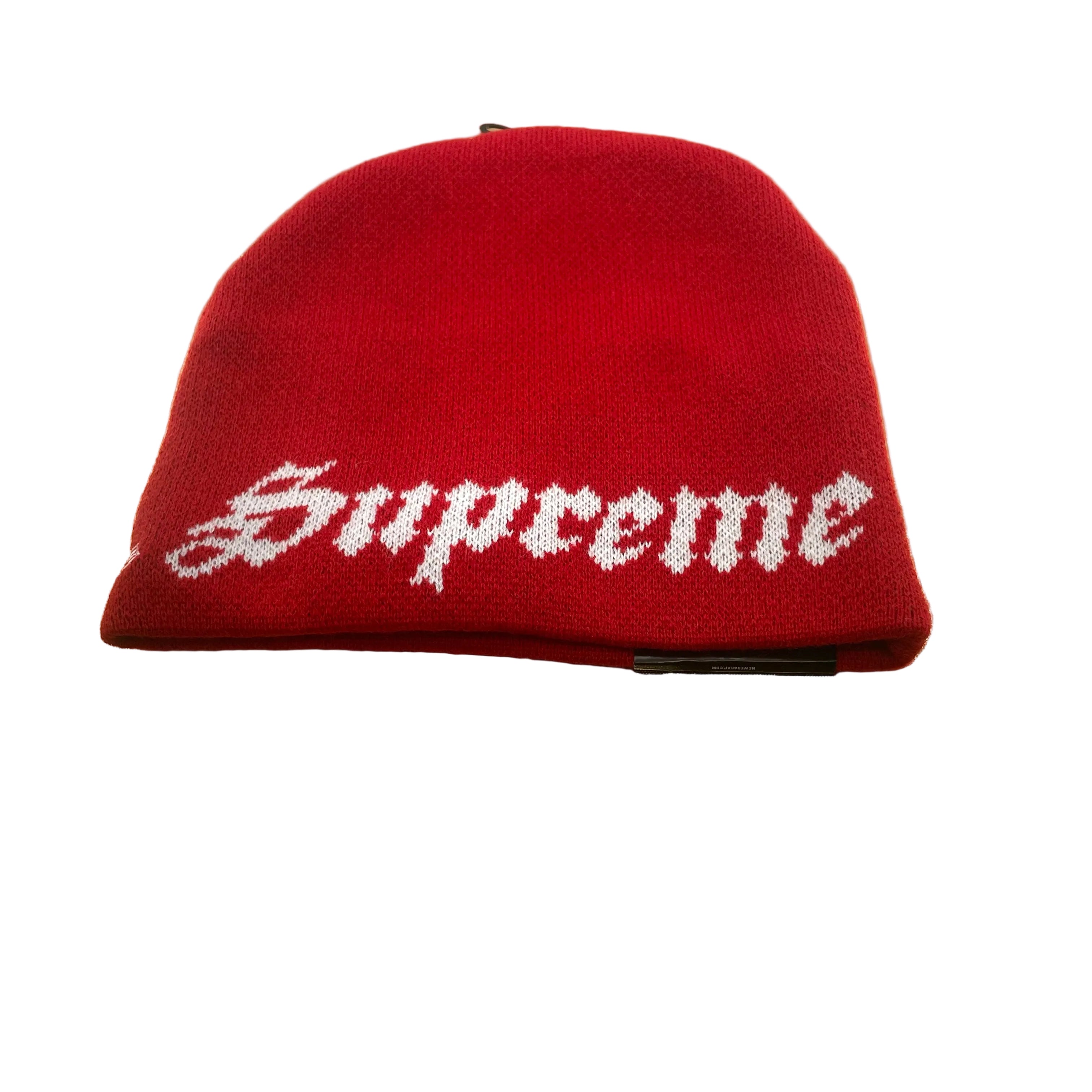 Supreme x New Era red and black Ghostface beanie featuring a bold front Ghostface graphic and embroidered Supreme logo to