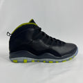 The Nike Air Jordan 10 Retro Black Venom features a sleek black tumbled leather upper paired with vibrant Venom Green