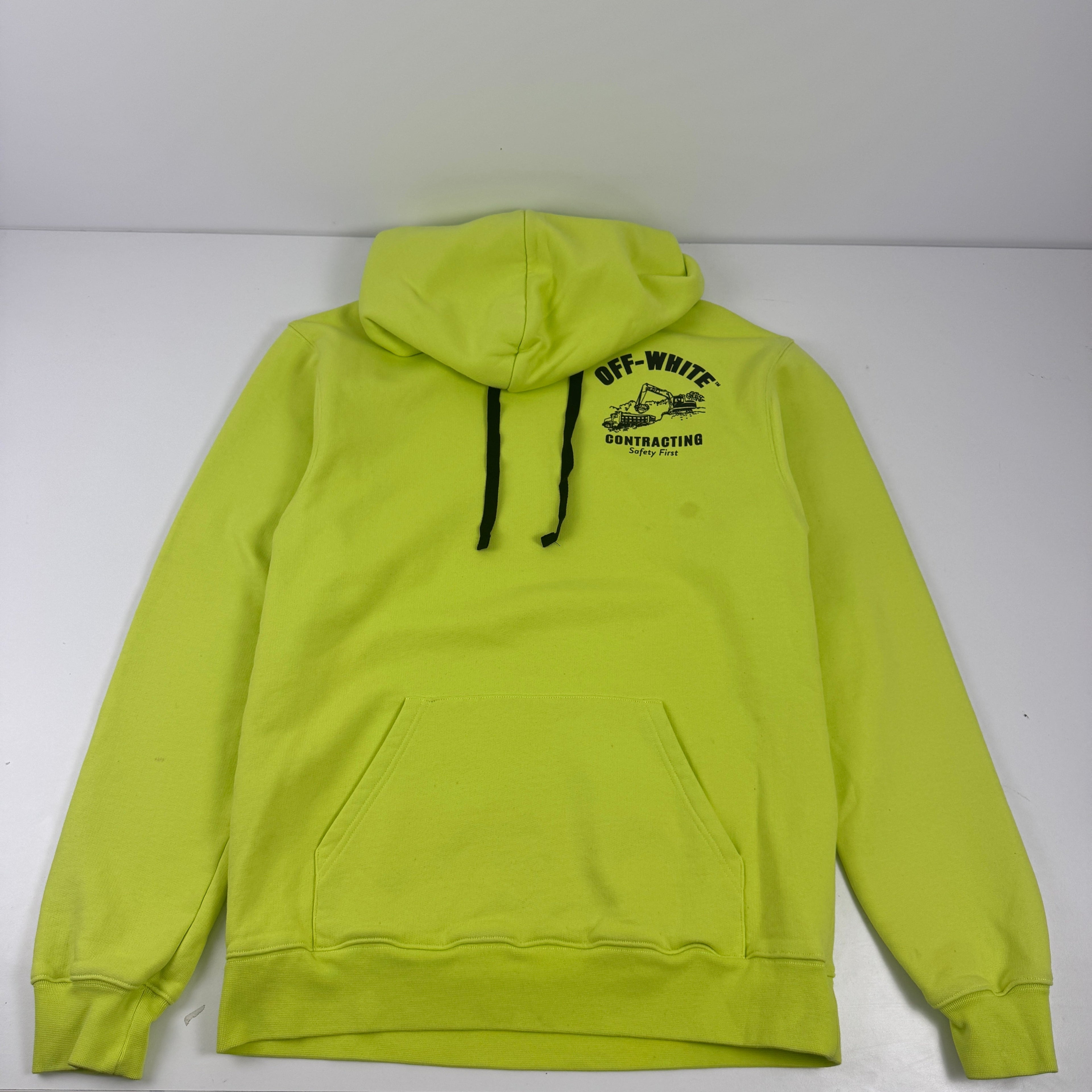 Off White Contracting florescent yellow. Features a chest logo print and graph design on the back. Comfortable everyday fit