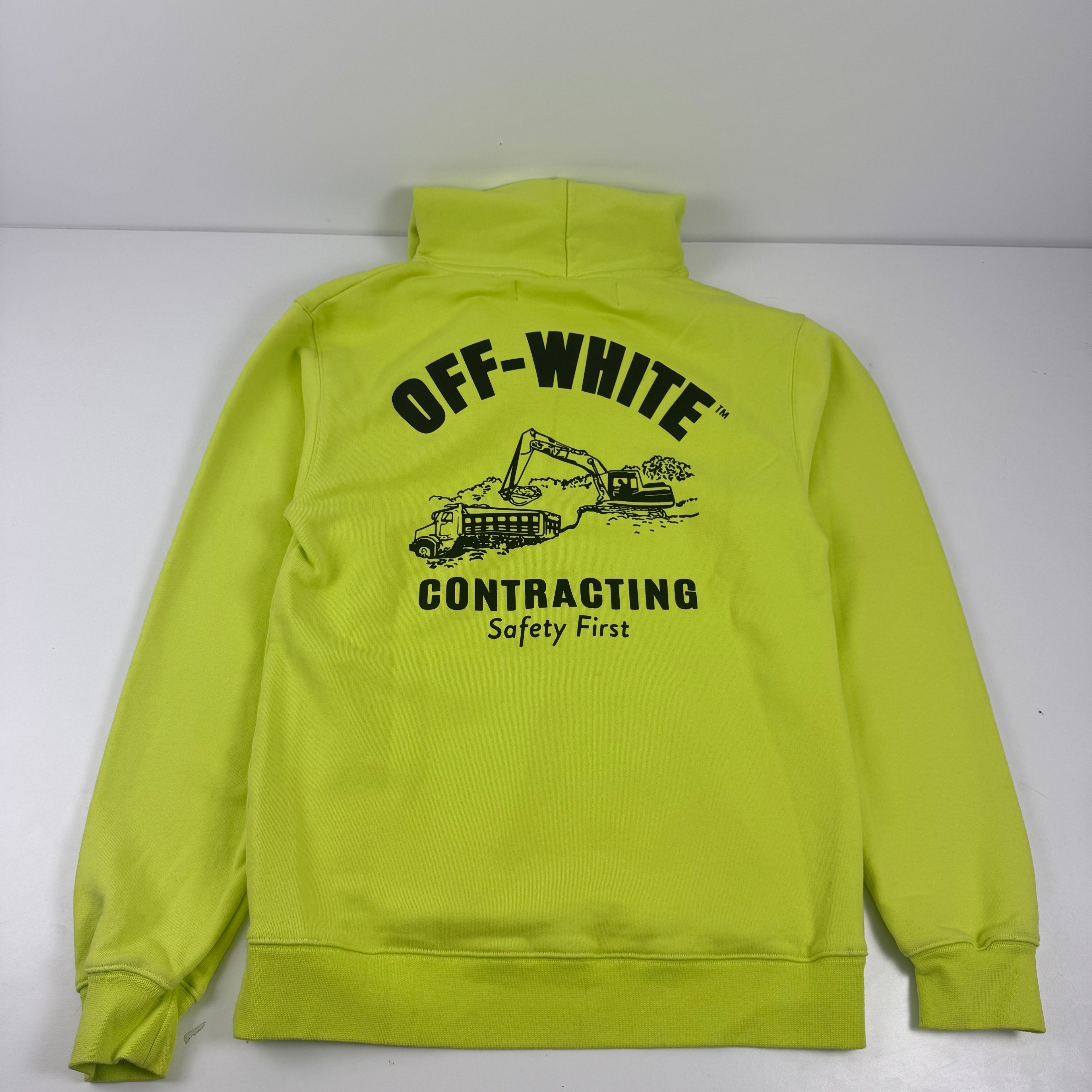 Off White Contracting florescent yellow. Features a chest logo print and graph design on the back. Comfortable everyday fit