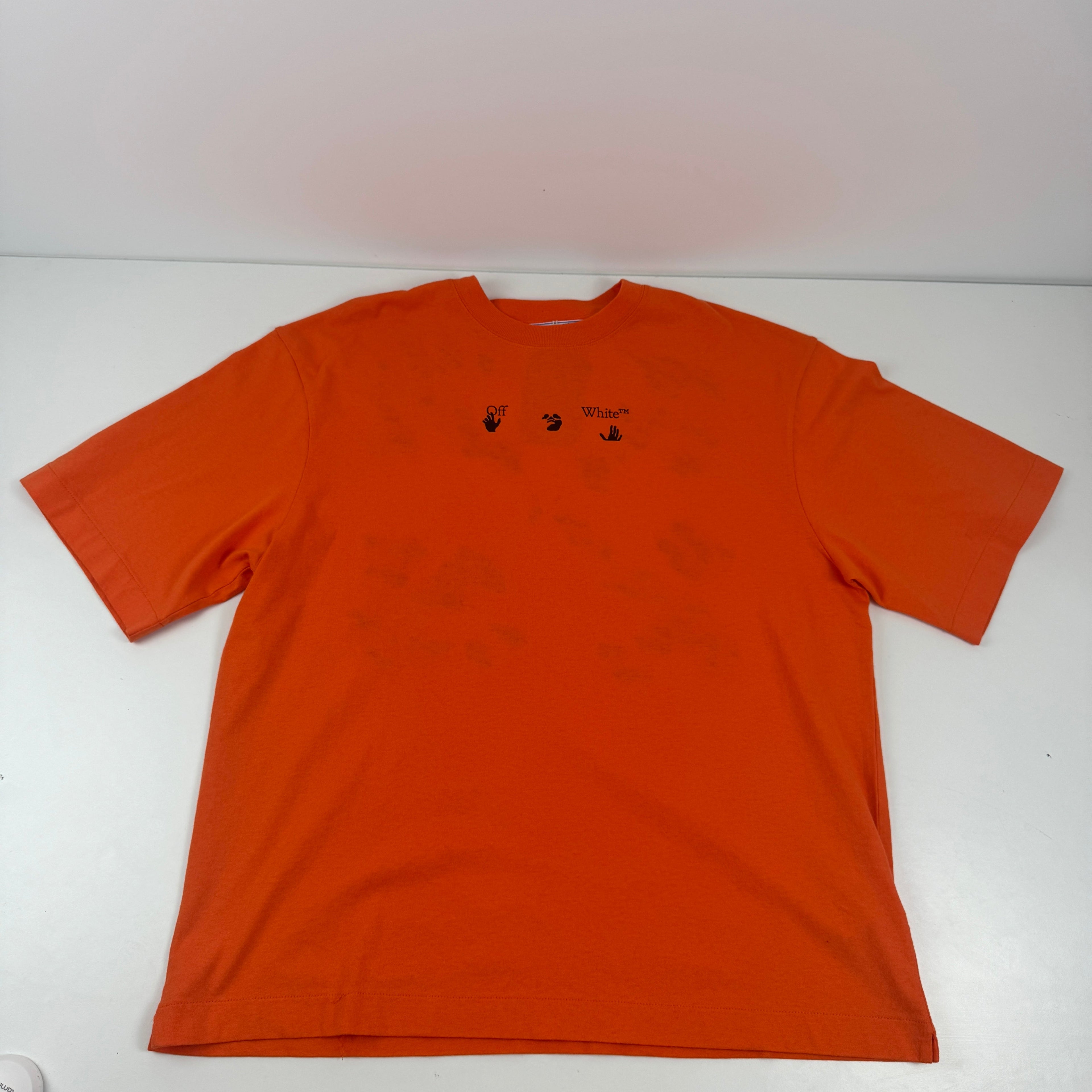 Bright orange oversized tee featuring a subtle Off White logo print on the chest and arrow detailing on the back. Made from