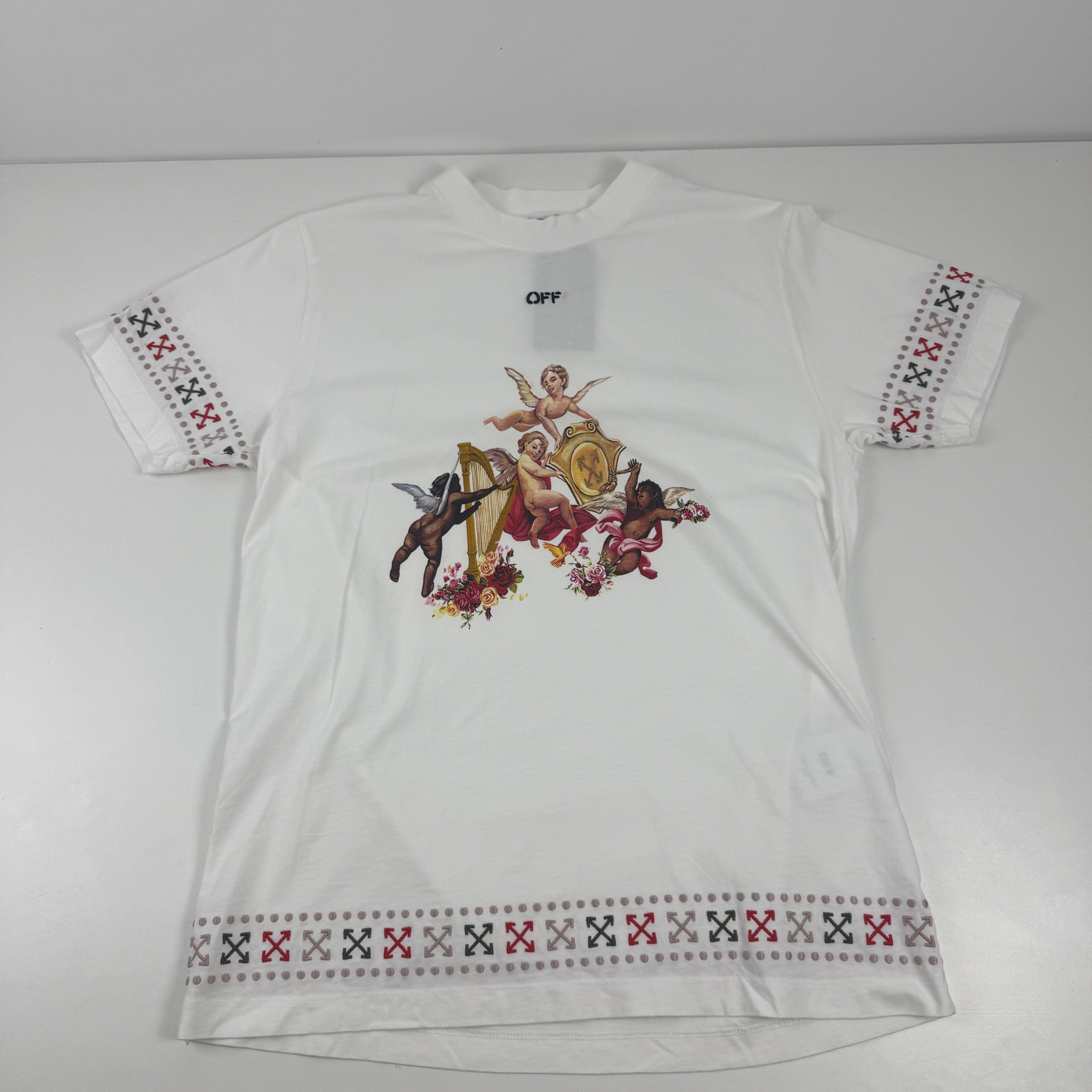 Off White tee in white featuring a classic cherub graphic and signature branded details. A stylish designer streetwear piece