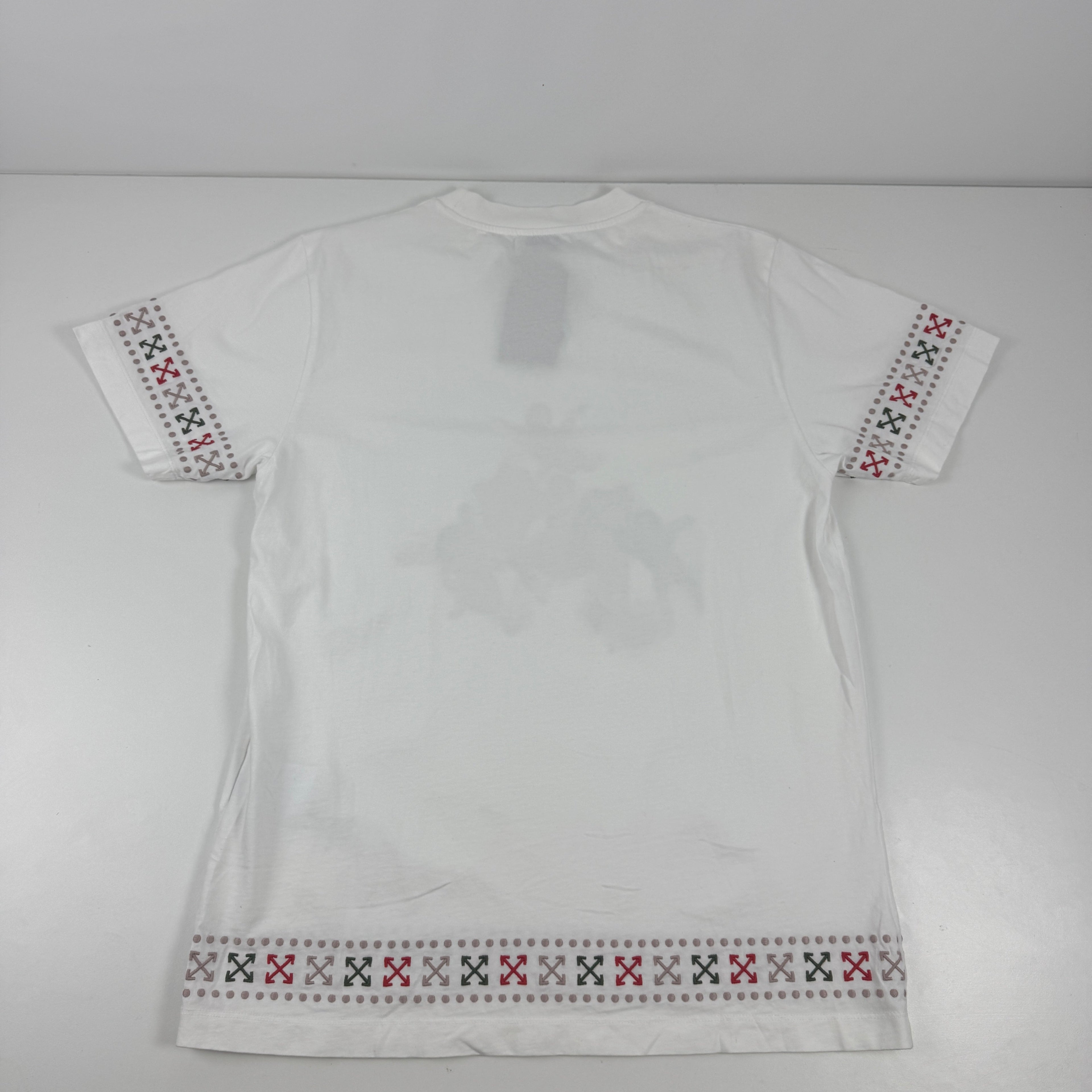 Off White tee in white featuring a classic cherub graphic and signature branded details. A stylish designer streetwear piece
