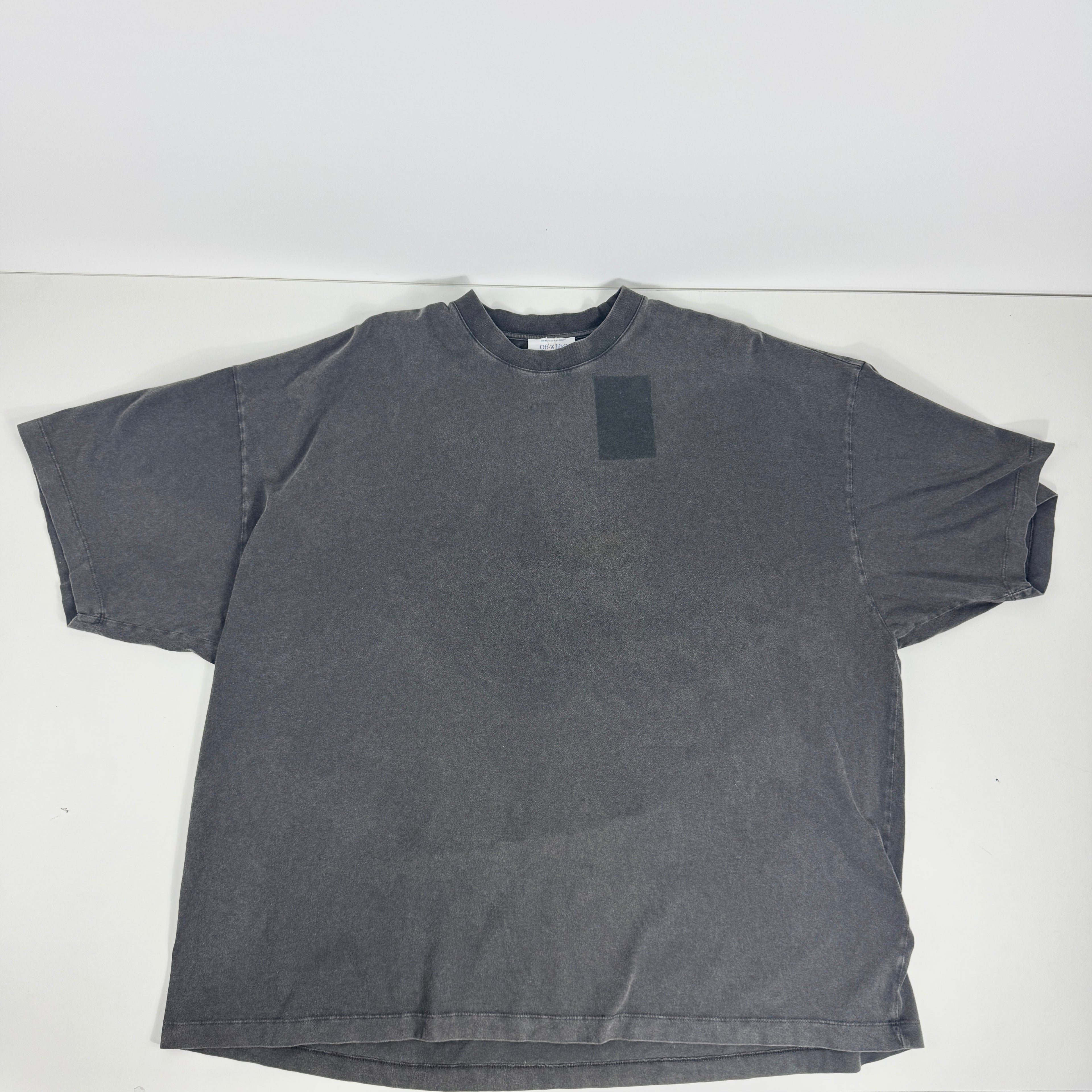 Off-White Super Moon Tee Washed features a premium, heavy-weight cotton construction with a faded, vintage-washed black
