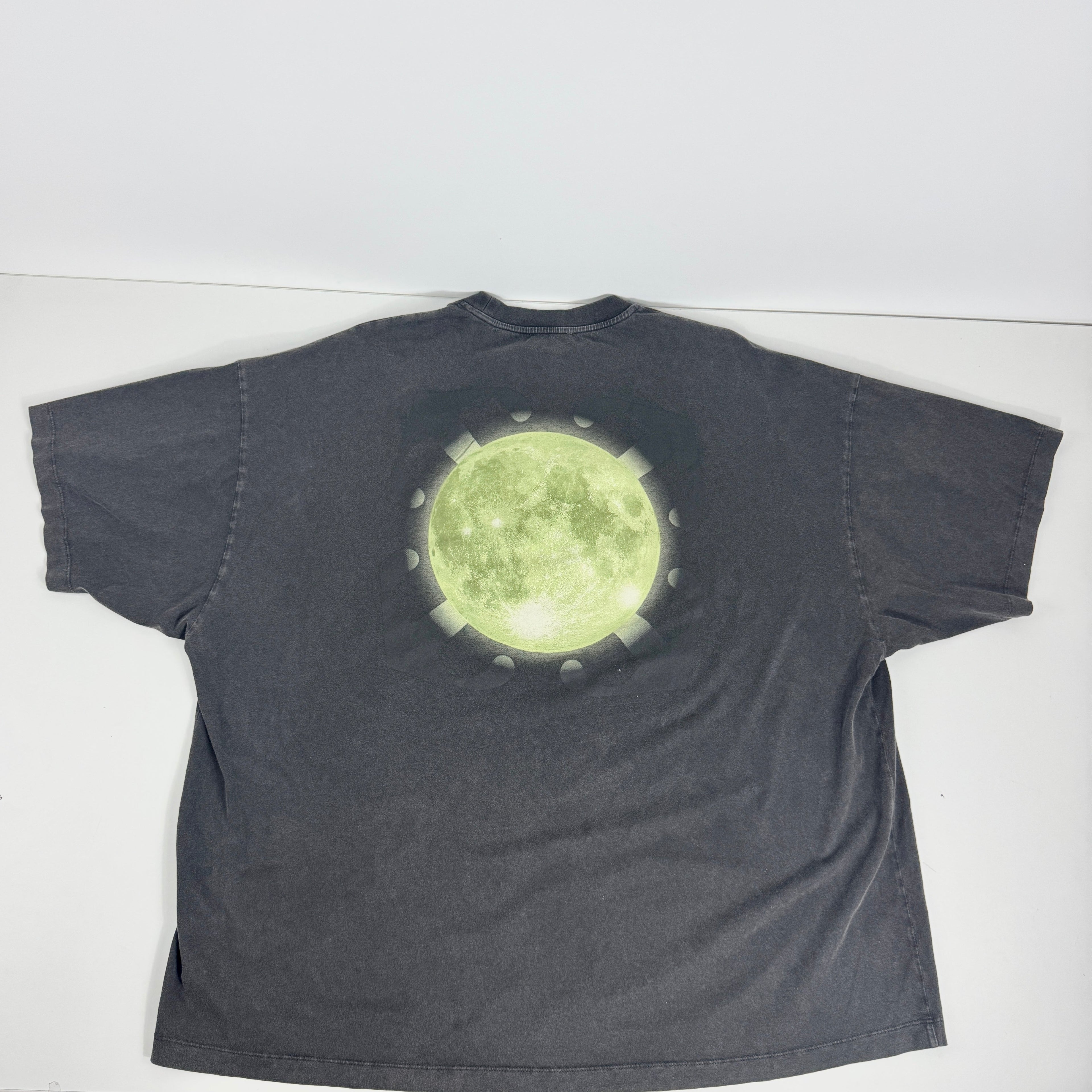 Off-White Super Moon Tee Washed features a premium, heavy-weight cotton construction with a faded, vintage-washed black