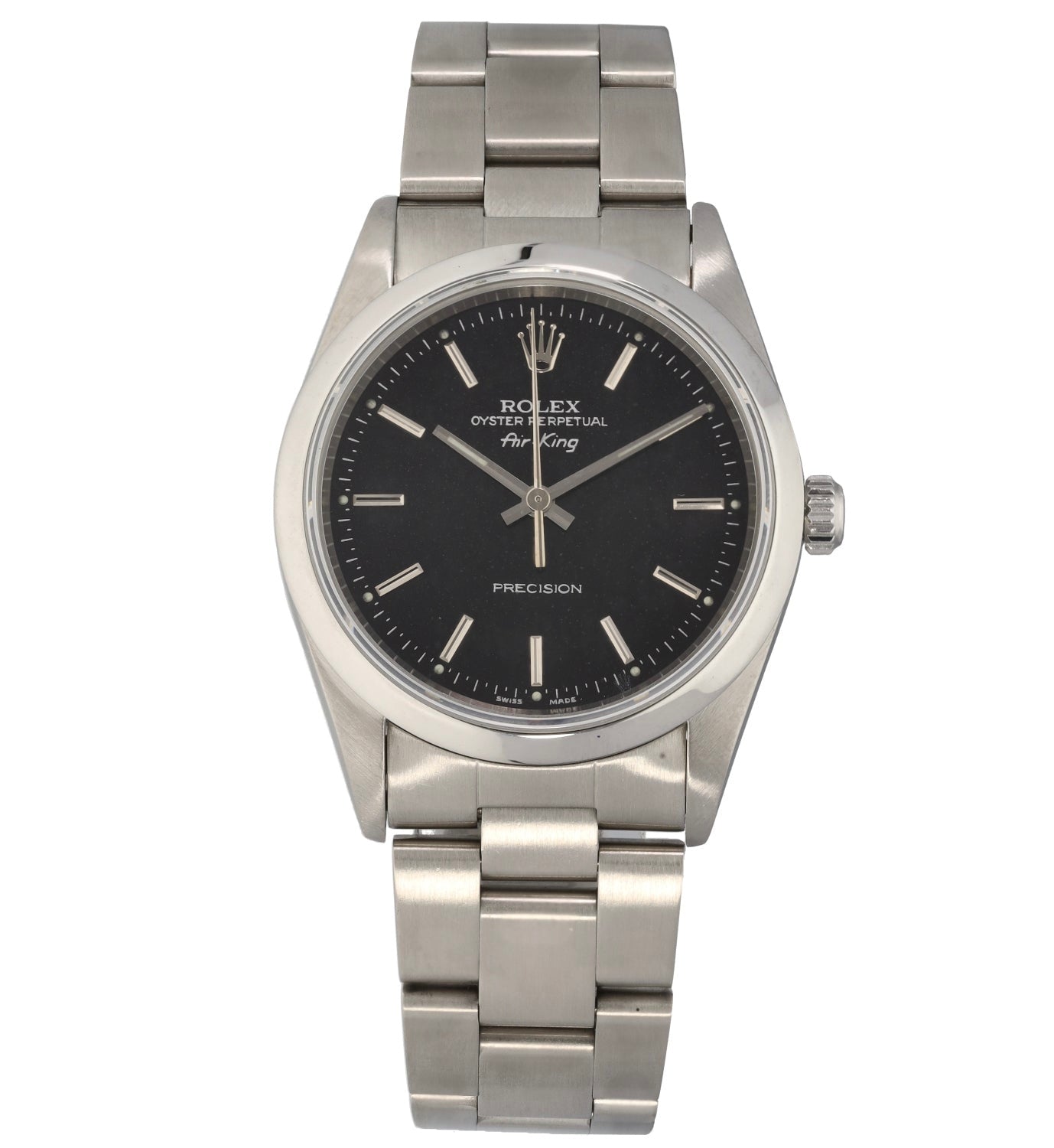Rolex wristwatch with a stainless steel case, black dial, silver hour markers and a metal bracelet shown on a white background.