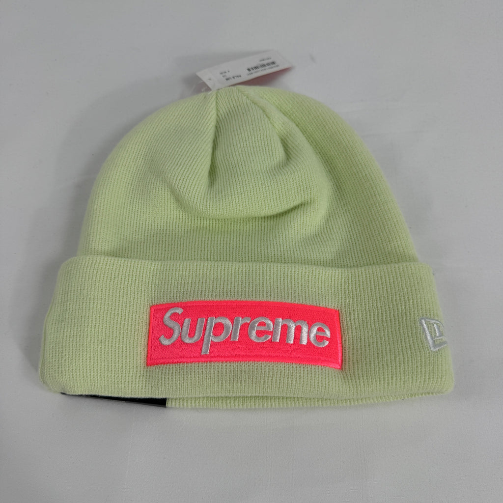 The Supreme Box Logo Beanie in cool mint green is a ribbed knit winter hat featuring the signature Supreme box logo patch on