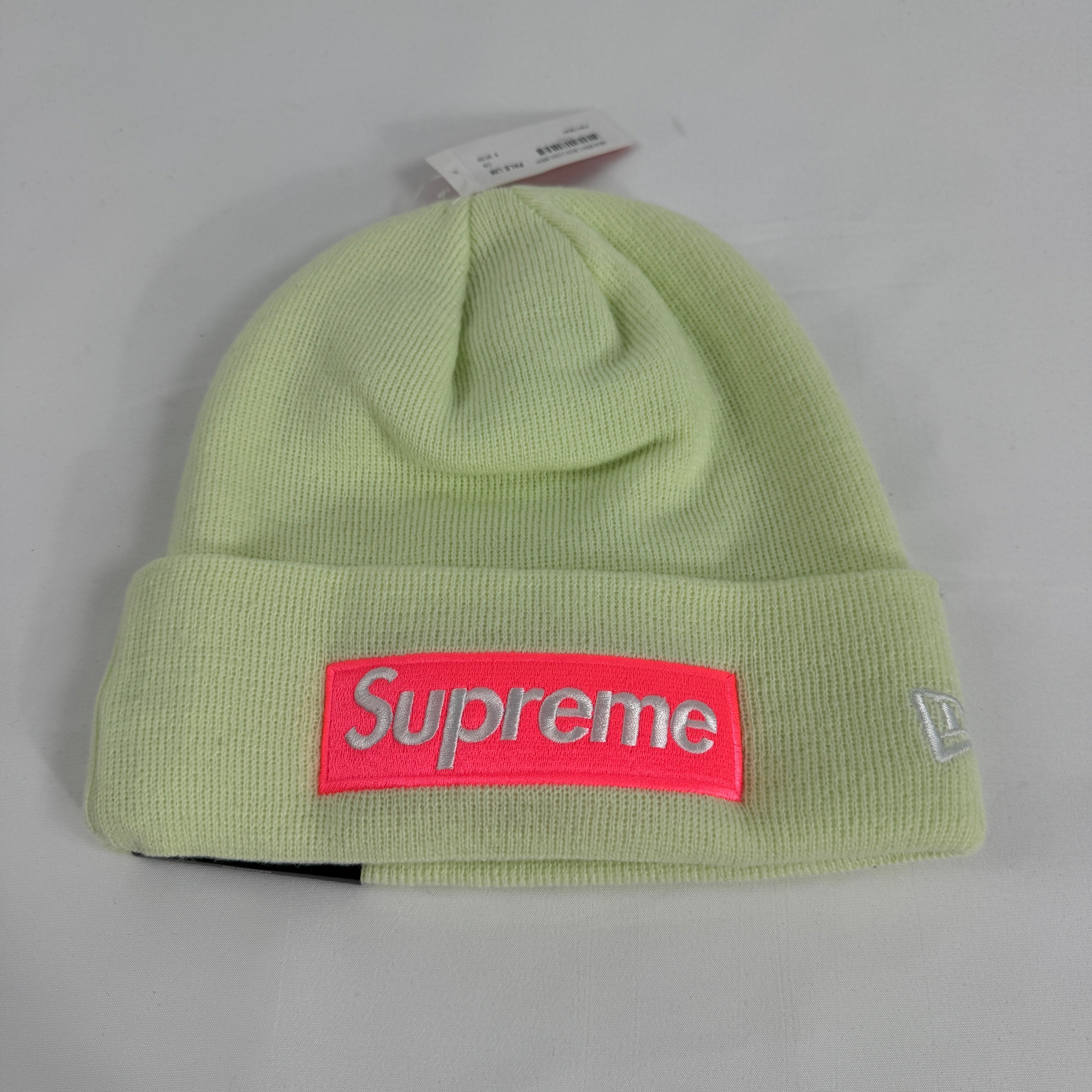 The Supreme Box Logo Beanie in cool mint green is a ribbed knit winter hat featuring the signature Supreme box logo patch on