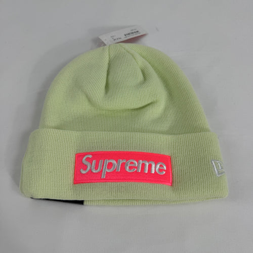 The Supreme Box Logo Beanie in cool mint green is a ribbed knit winter hat featuring the signature Supreme box logo patch on