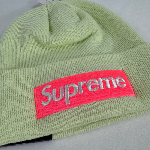 The Supreme Box Logo Beanie in cool mint green is a ribbed knit winter hat featuring the signature Supreme box logo patch on