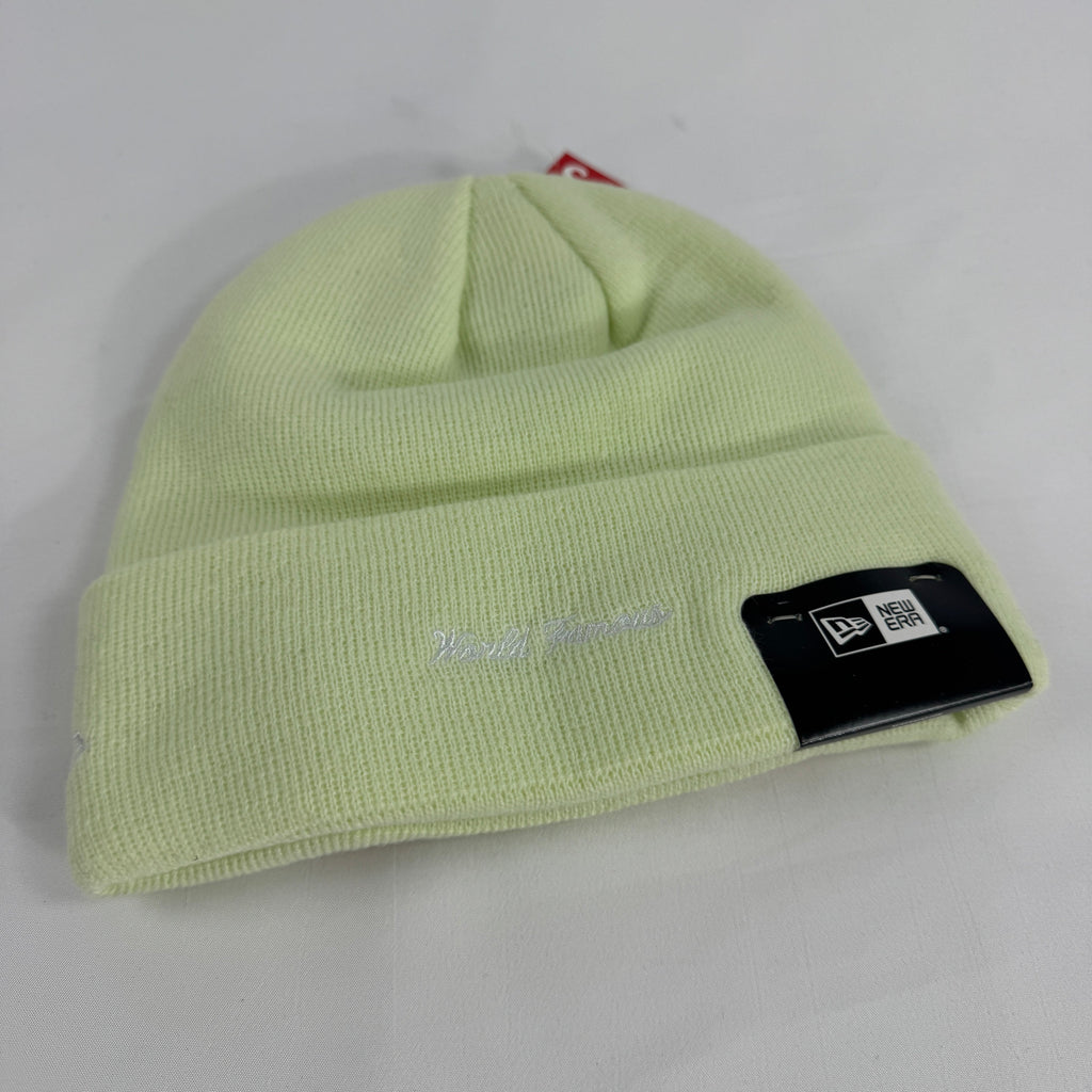 The Supreme Box Logo Beanie in cool mint green is a ribbed knit winter hat featuring the signature Supreme box logo patch on