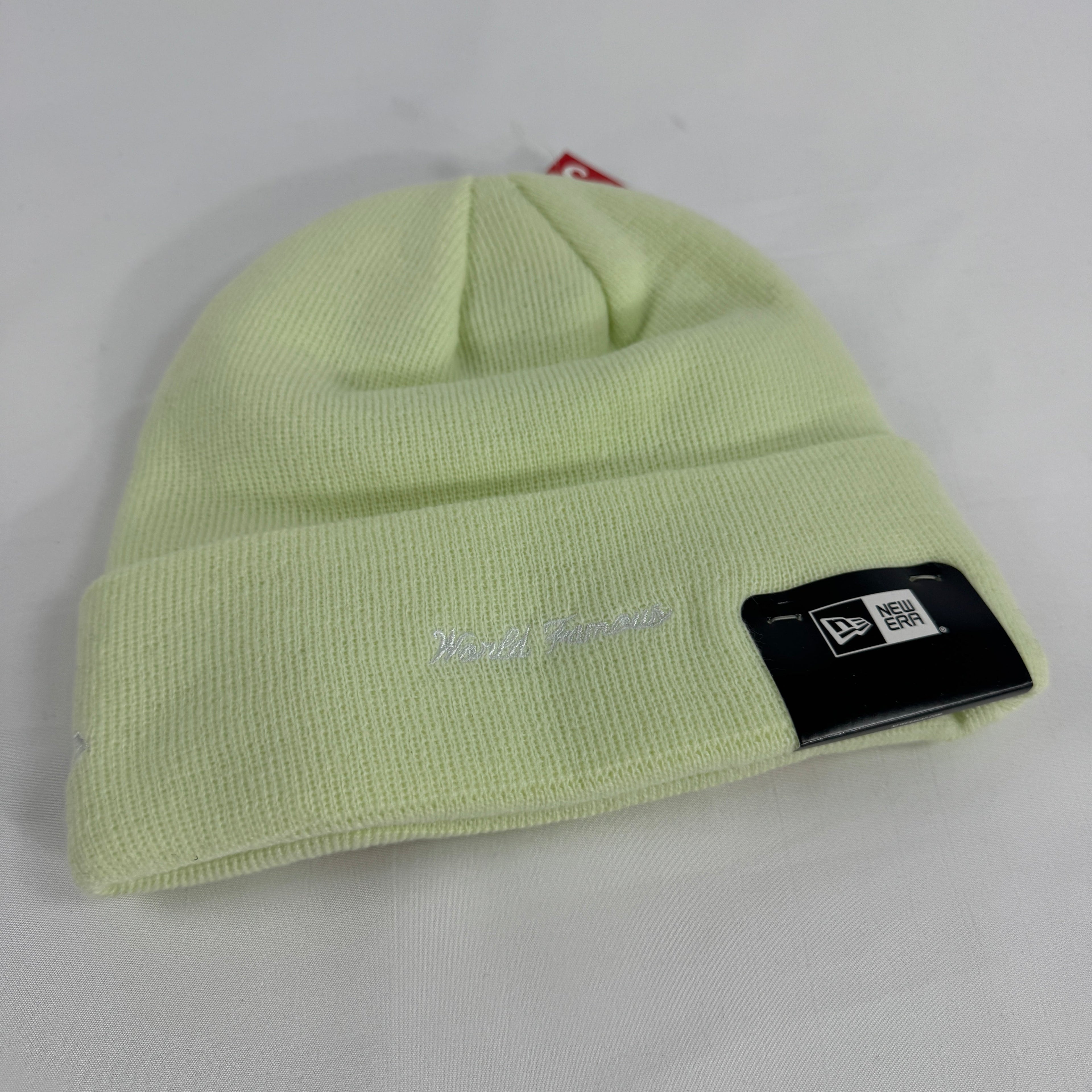 The Supreme Box Logo Beanie in cool mint green is a ribbed knit winter hat featuring the signature Supreme box logo patch on