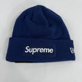 The Supreme Box Logo Beanie Navy is a ribbed knit winter hat featuring the iconic Supreme box logo stitched on the front