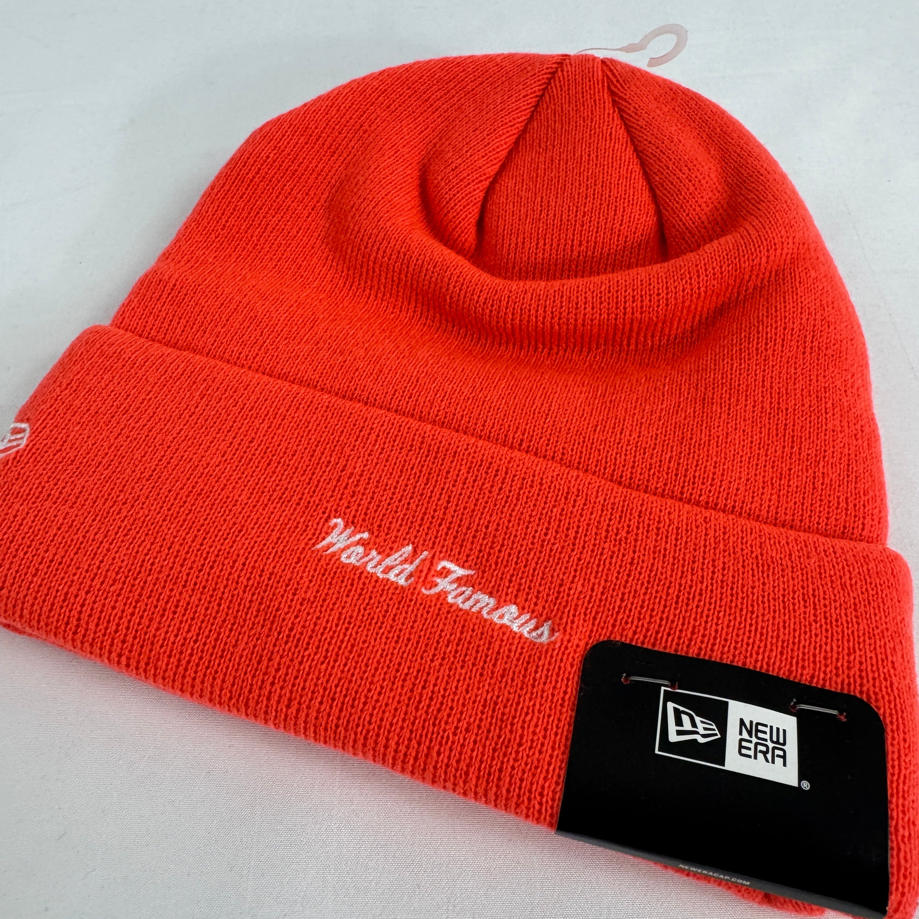 The Supreme Box Logo Beanie in fluorescent orange is a ribbed knit hat featuring the iconic Supreme box logo stitched on the