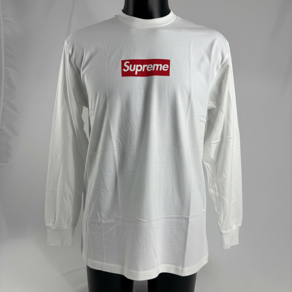Classic Supreme white long sleeve TEE featuring the iconic red Supreme box logo across the chest. Original, easy to style