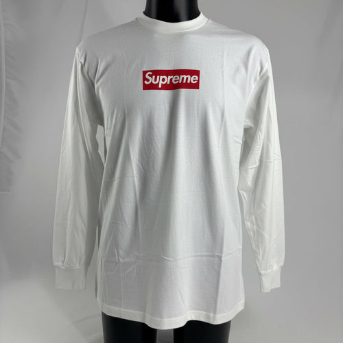 Classic Supreme white long sleeve TEE featuring the iconic red Supreme box logo across the chest. Original, easy to style