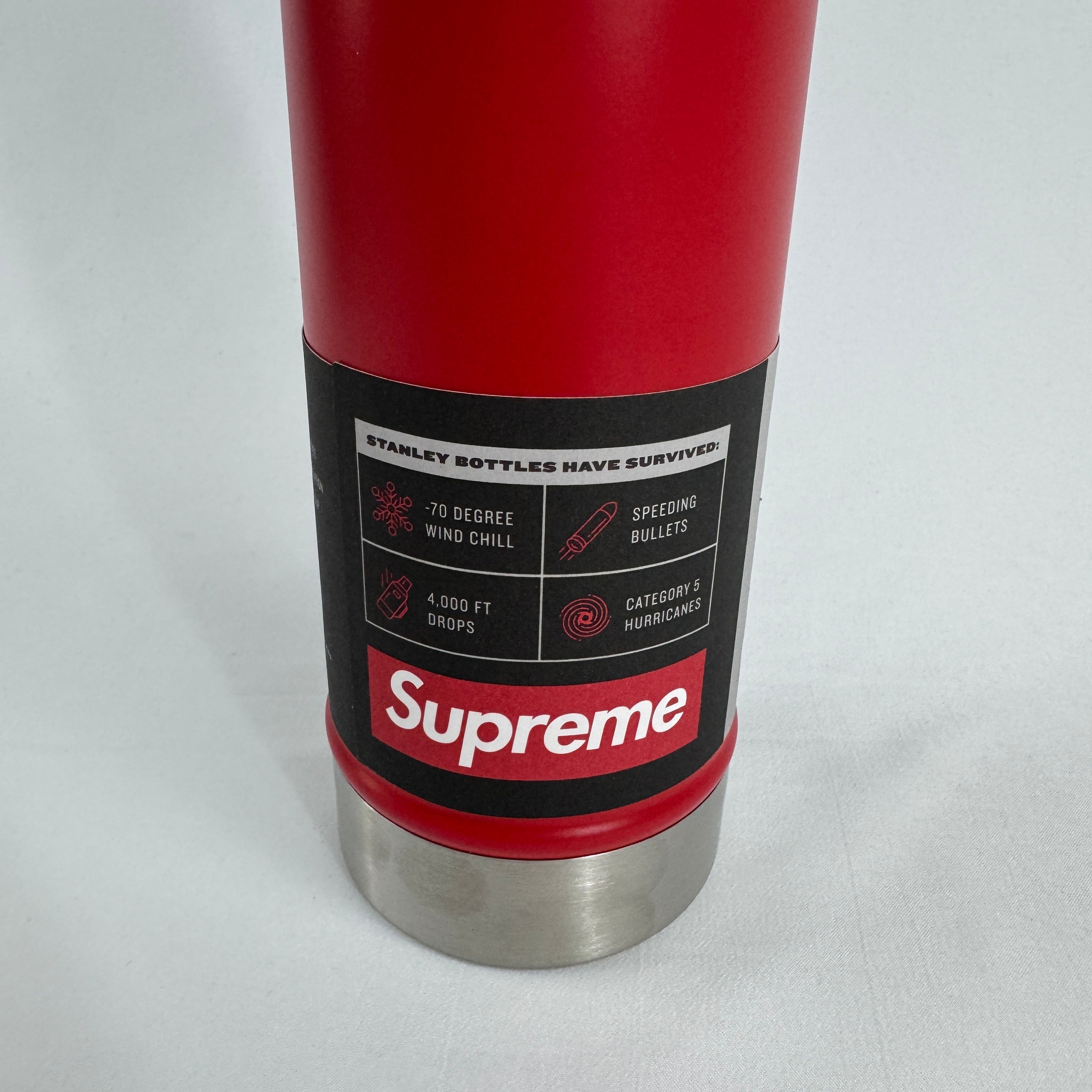 Supreme Classic Water Bottle in red, featuring bold Supreme branding on a compact 0.59L ( 20oz) bottle. A practical everyday