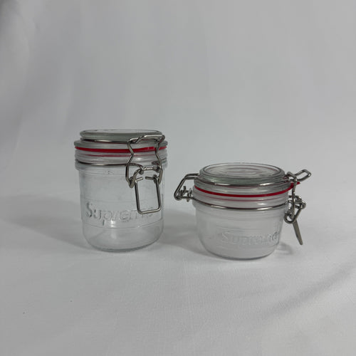 Plain glass jars with SUPREME branding (see-through)