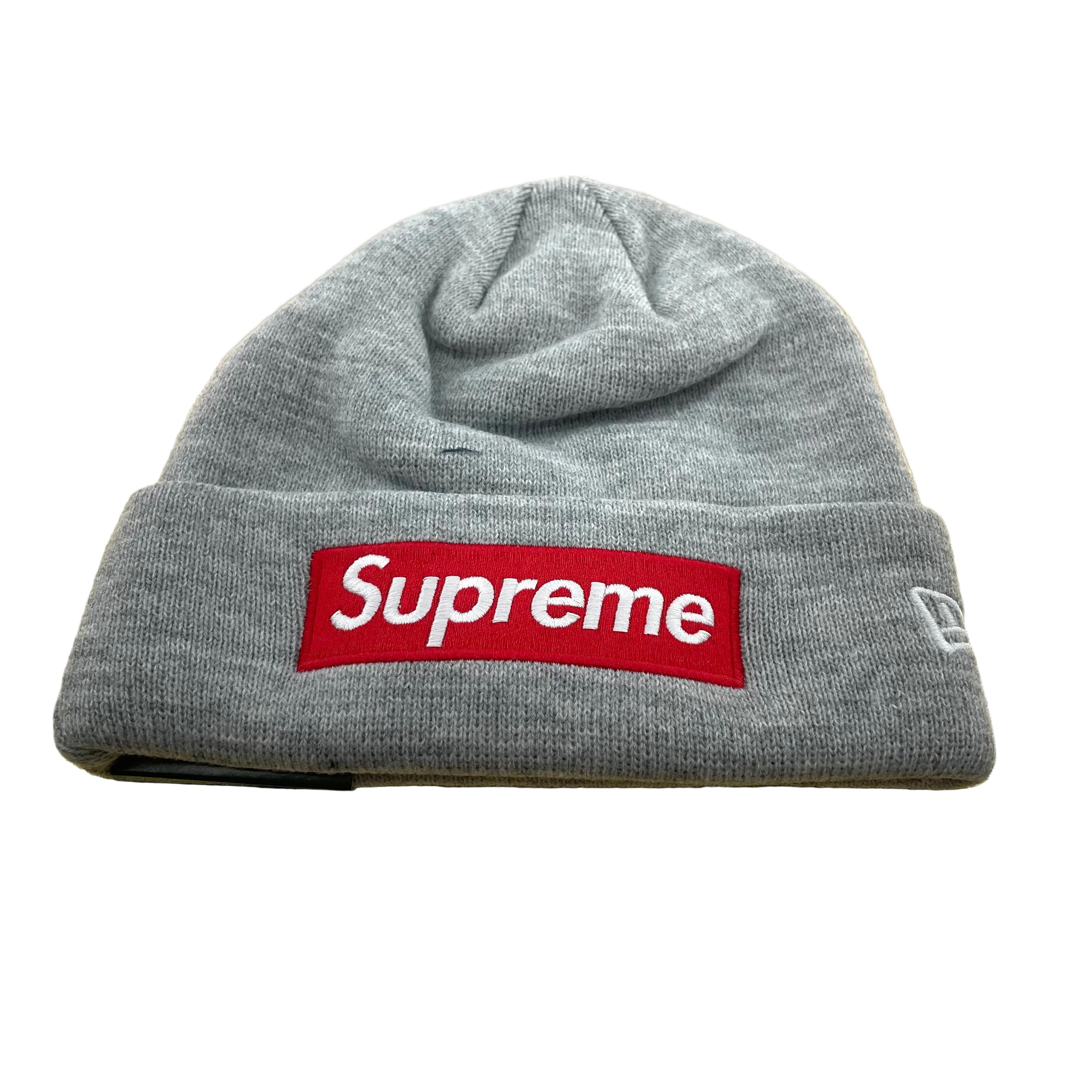 Classic New Era Collab Beanie Supreme, red box logo, plain grey.
