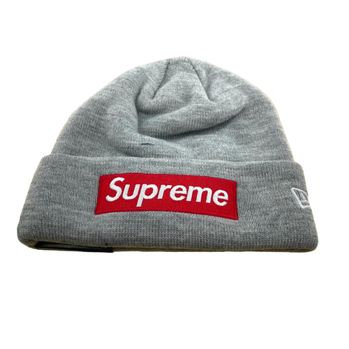 Classic New Era Collab Beanie Supreme, red box logo, plain grey.