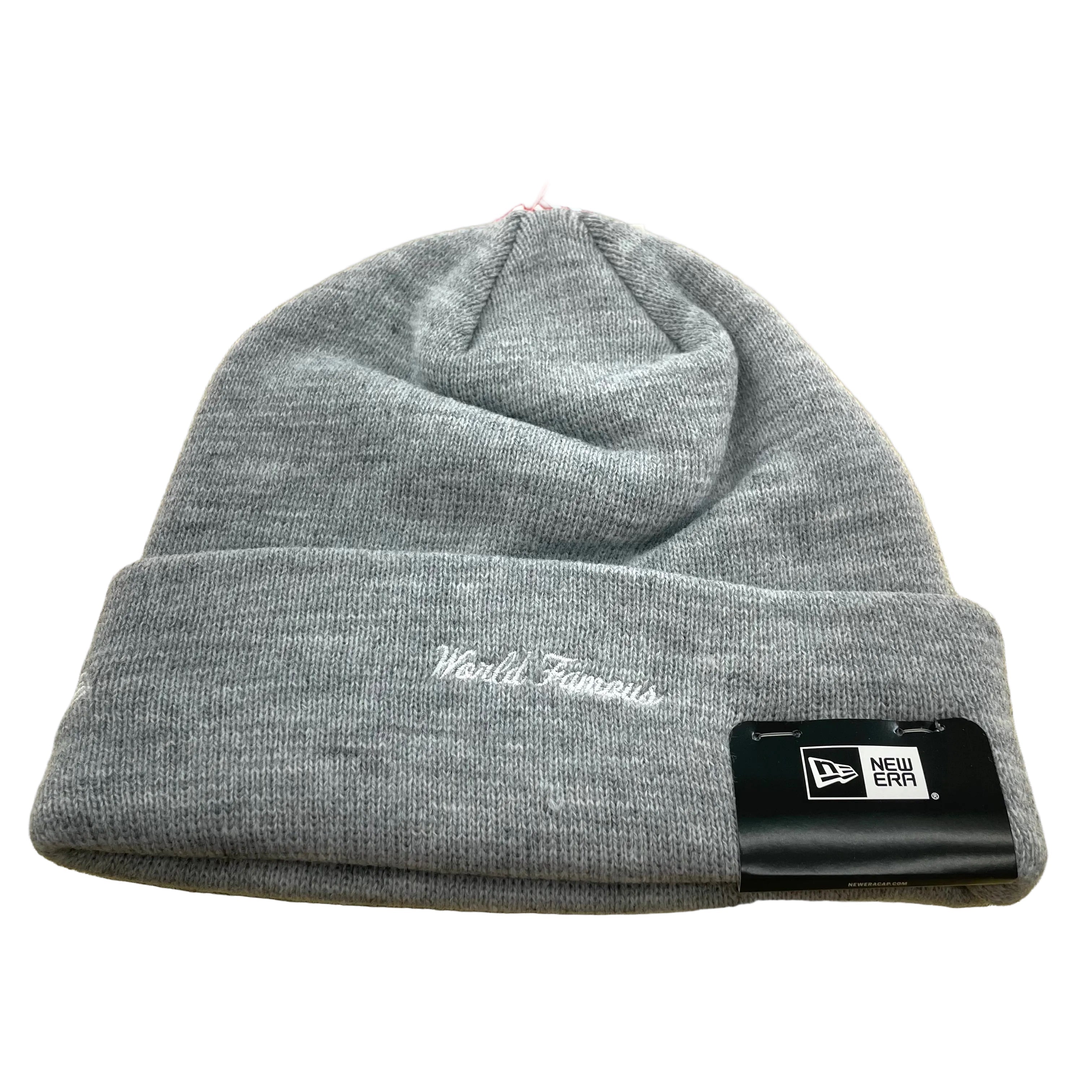 Classic New Era Collab Beanie Supreme, red box logo, plain grey.