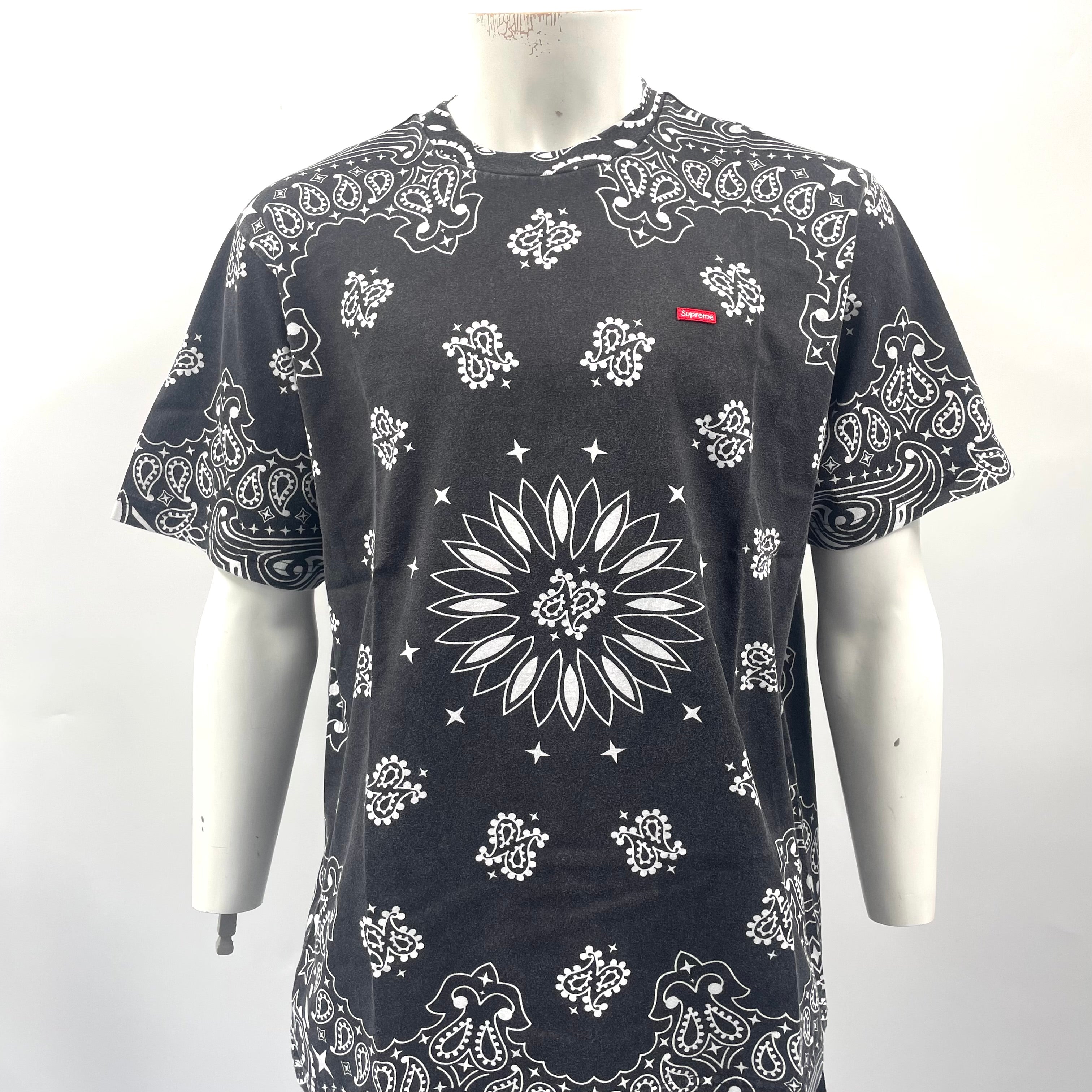 Supreme Small Box TEE in black, featuring an all-over floral and bandana-style pattern with a subtle red Supreme small box