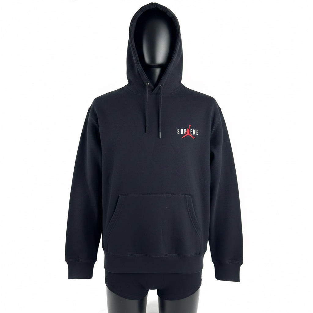 A standout Supreme x Jordan black hoodie with embroidered front branding, bold rear Jumpman logo, drawstring hood and