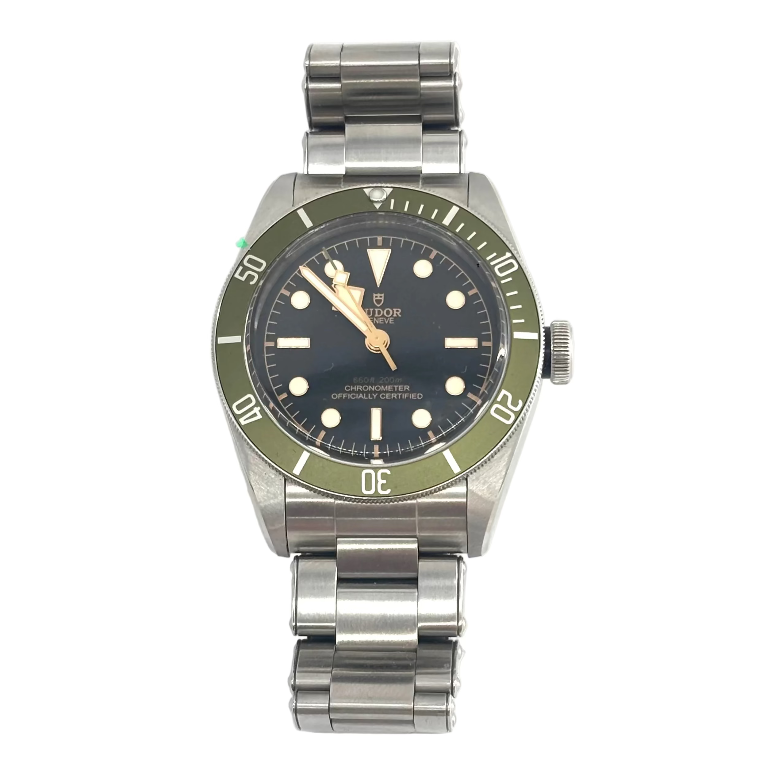 TUDOR Black Bay wristwatch with a black dial, green bezel, silver bracelet, white hour markers and gold hands.